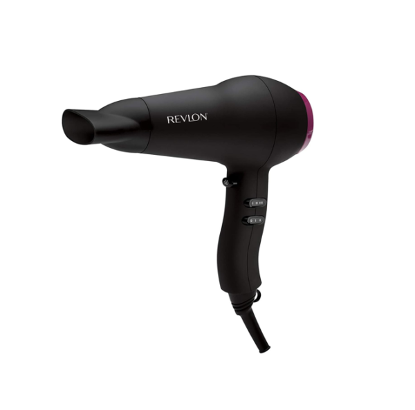 Revlon Hair Dryer: 2000W, ionic ceramic grille, 3 heat/2 speed settings, cool shot, concentrator, lightweight, compact, hanging loop, 3-year warranty.