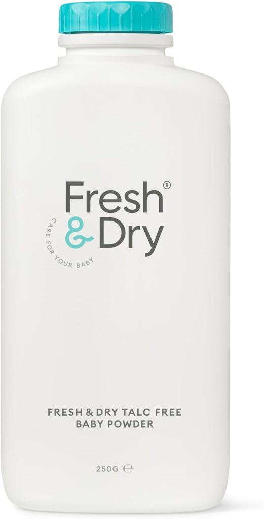 White bottle of Fresh & Dry Talc Free Baby Powder, 250g, with a turquoise cap, labeled 'Care for your baby