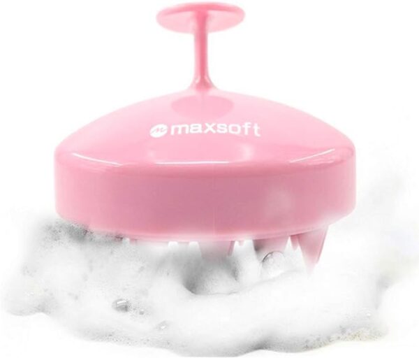 Light pink Maxsoft scalp massage shampoo brush submerged in soapy water, featuring soft silicone bristles and an ergonomic handle for easy grip