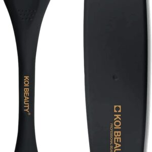 Image of a black dermaroller from KOI Beauty, displayed alongside its protective case. The dermaroller features a handle with the brand name in gold lettering and a roller head covered with numerous micro-needles, designed for skin treatment