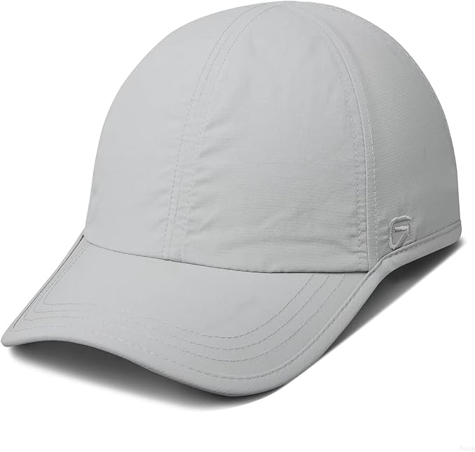 Light gray baseball cap with a curved brim and embroidered logo on the side