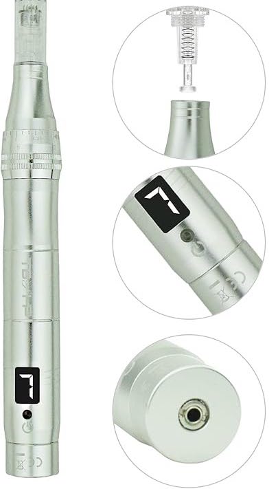 Image of a dermapen showcasing various components: the top section displays the needle jack used to insert the needle, the middle section features the power button with an indicator light for seven speed modes ranging from 6000 RPM to 24000 RPM, and the bottom section shows the charging port. Includes details of a USB charging cable and adapter in the packaging.