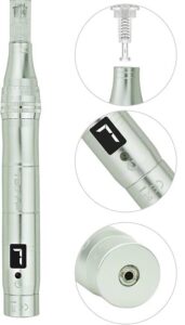 Image of a dermapen showcasing various components: the top section displays the needle jack used to insert the needle, the middle section features the power button with an indicator light for seven speed modes ranging from 6000 RPM to 24000 RPM, and the bottom section shows the charging port. Includes details of a USB charging cable and adapter in the packaging