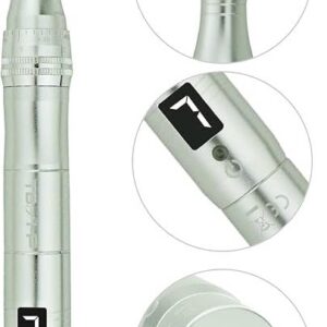 Image of a dermapen showcasing various components: the top section displays the needle jack used to insert the needle, the middle section features the power button with an indicator light for seven speed modes ranging from 6000 RPM to 24000 RPM, and the bottom section shows the charging port. Includes details of a USB charging cable and adapter in the packaging