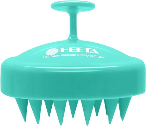 Turquoise HEETA Hair Scalp Massage Shampoo Brush with thick, soft silicone bristles and an ergonomic handle designed for easy grip during use