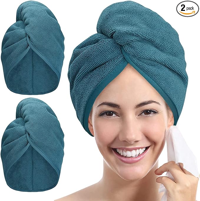 Woman with a radiant smile wearing a teal microfiber hair towel wrapped around her head, shown in three different poses