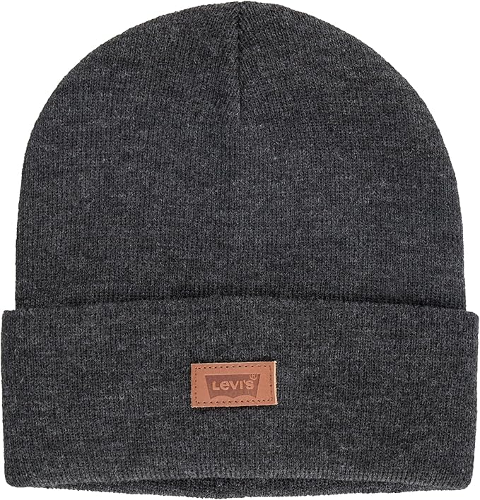 Dark gray knitted beanie with a folded cuff featuring a brown leather Levi's brand patch on the front.