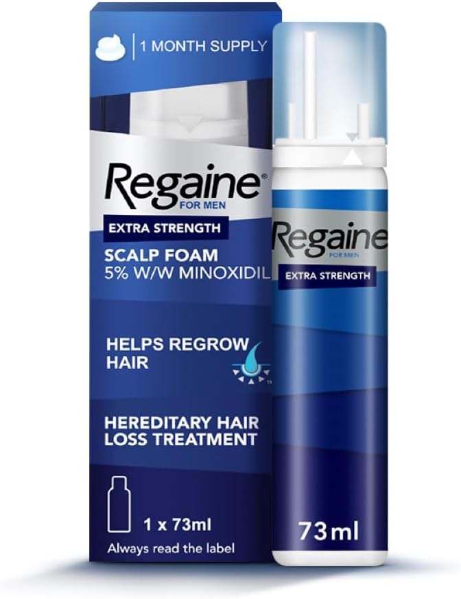 Packaging and canister of Regaine for Men Extra Strength Scalp Foam, 1 month supply, with 5% w/w minoxidil, labeled for hereditary hair loss treatment
