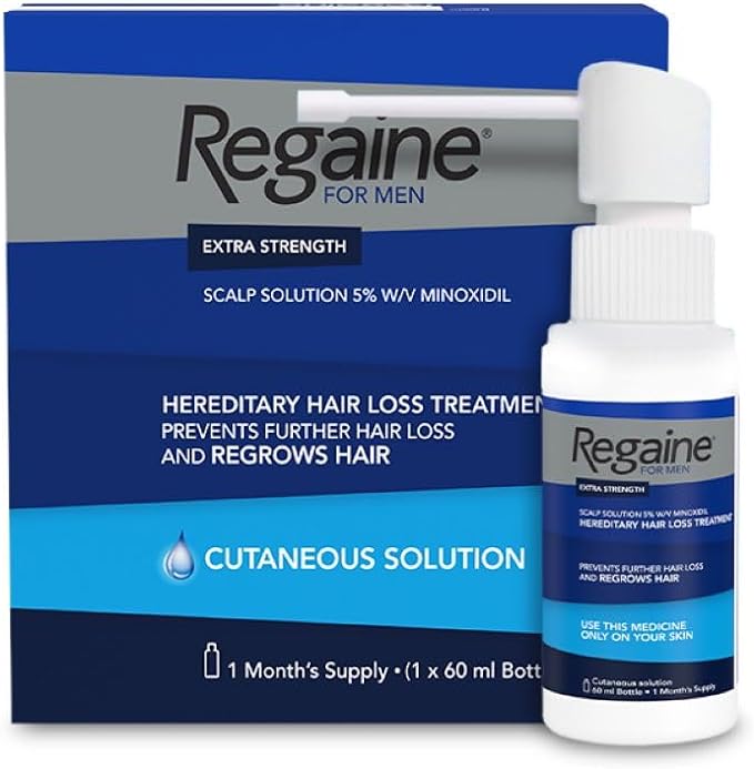 Box and bottle of Regaine for Men Extra Strength Scalp Solution, 1 month supply, featuring 5% w/w minoxidil, marketed for preventing further hair loss and regrowing hair
