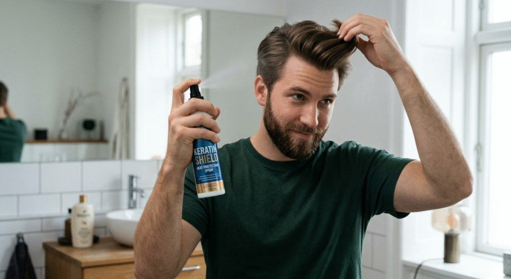 Applying heat protectant before using a hair dryer Applying heat protectant spray before using a hair dryer