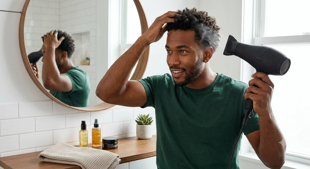 Man using a hair dryer correctly to prevent heat damage Man using a hair dryer correctly to prevent heat damage
